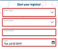 select an event type, location, name, and date for your gift registry