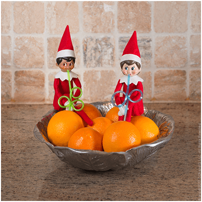 two elves drinking from oranges