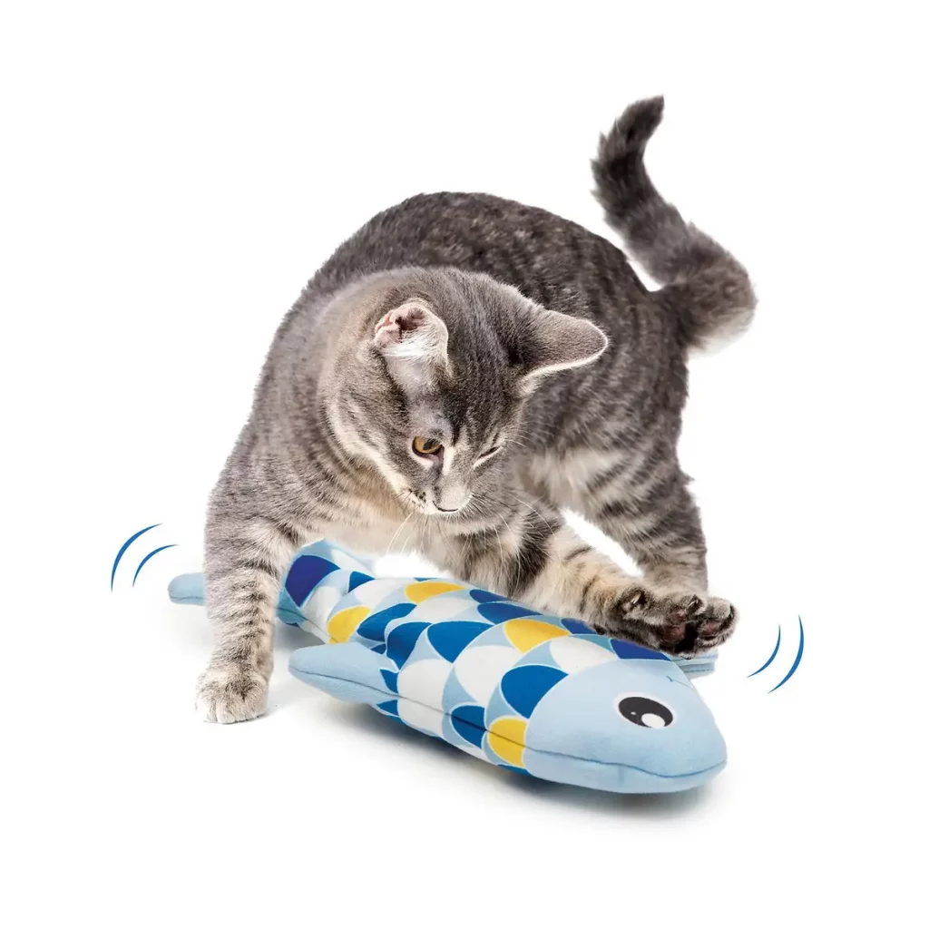 cat playing with fish toy