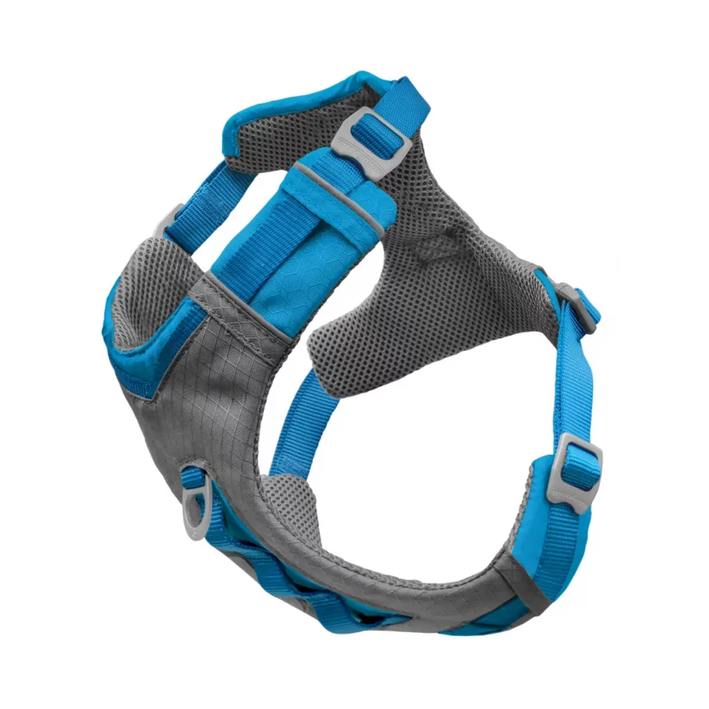 gray and blue dog harness