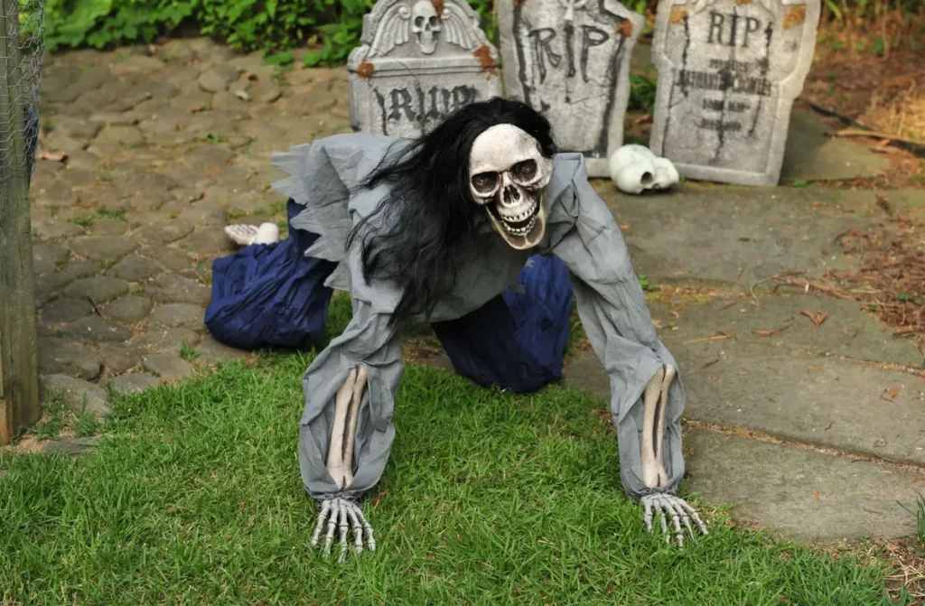 creepy skeleton Halloween decoration on lawn