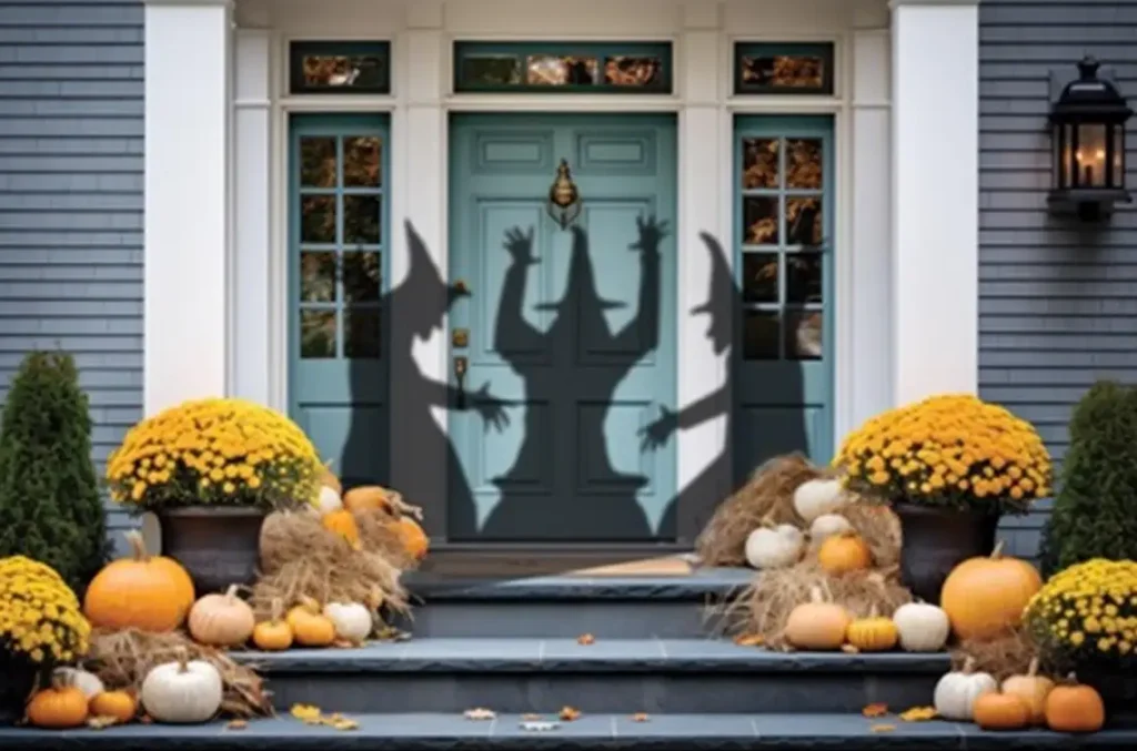 three witch silhouettes projected onto front of house