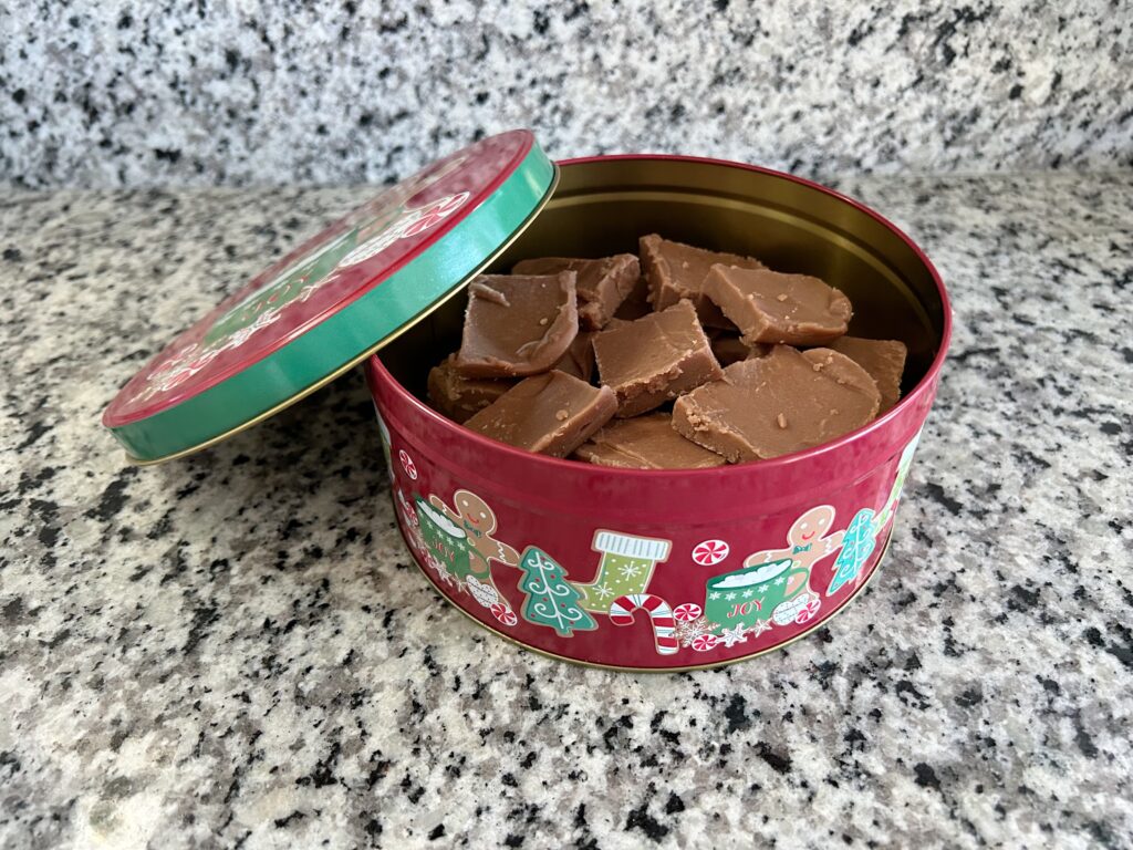 fudge in Christmas tin