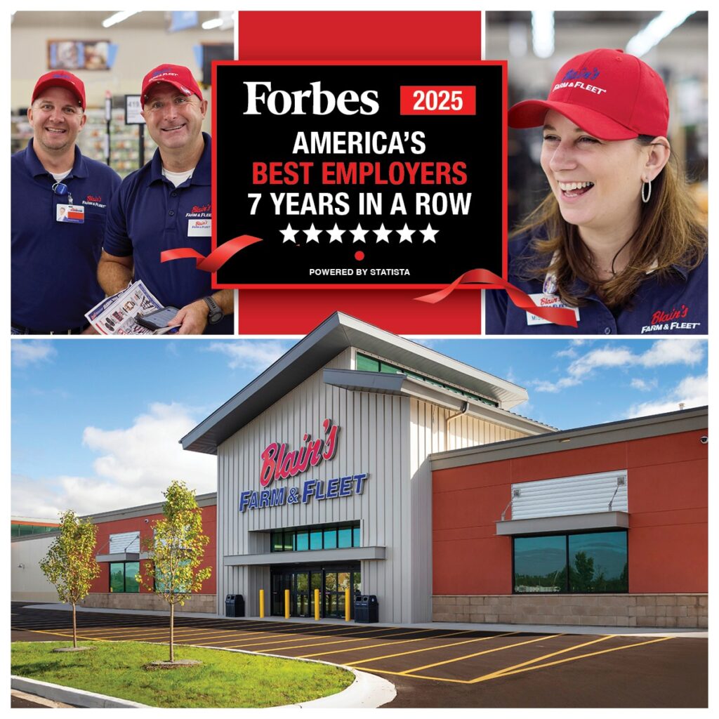 collage of Forbes best employers logo and Blain's Farm & Fleet photos