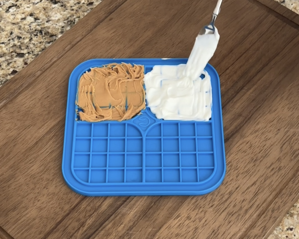 peanut butter and greek yogurt on lick mat