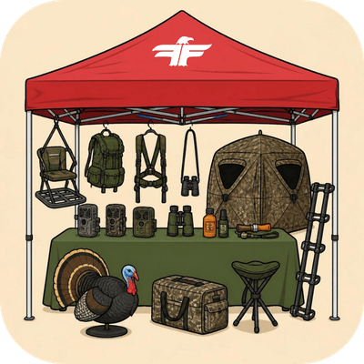 red cartoon tent with hunting gear